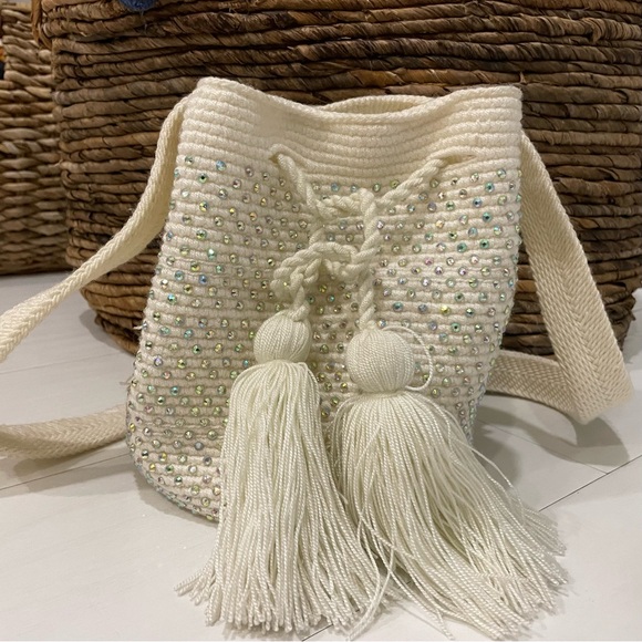 Artisan Boho Crochet Macrame Drawstring Ivory Bag with Tassels and Rhinestones - Picture 11 of 12